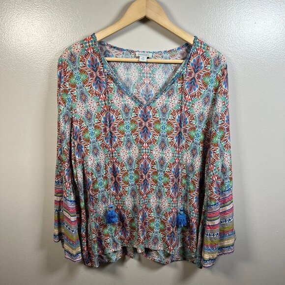 Sundance Andalusia Peasant Top Size Medium Split Neck Boho Tassels Bell Sleeves - Picture 1 of 9